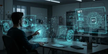 AI-powered digital artist creating vibrant NFT art in a futuristic studio