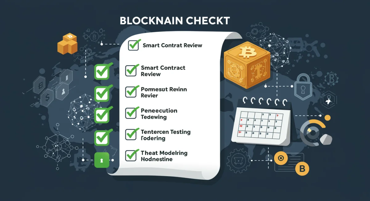 Bi-annual blockchain security audit checklist with green checkmarks and calendar icon.