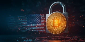 Digital padlock securing Bitcoin, representing cybersecurity safeguards for US investors.