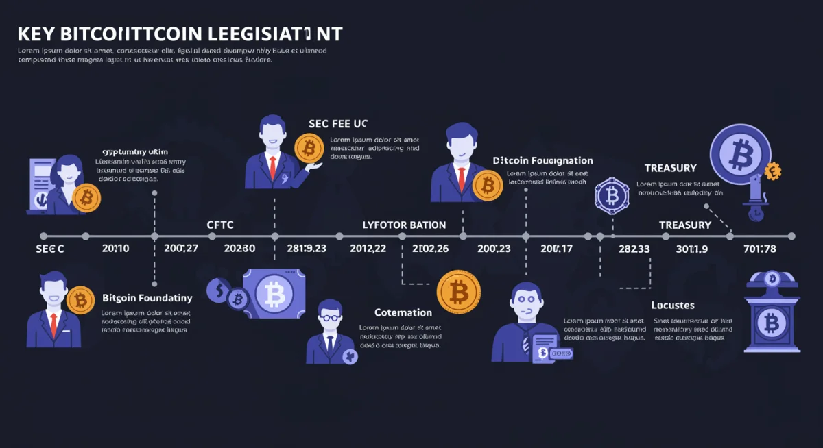 Timeline infographic of proposed US Bitcoin legislation and regulatory milestones.
