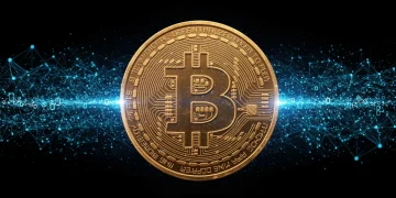 Futuristic Bitcoin network upgrade visualization with data streams and glowing lines.