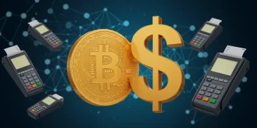 Bitcoin symbol merging with US dollar sign at payment terminal