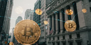 Bitcoin symbols merging with Wall Street buildings, illustrating financial integration