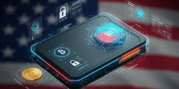 Futuristic Bitcoin wallet with biometric security and enhanced user interface for US users by 2025.