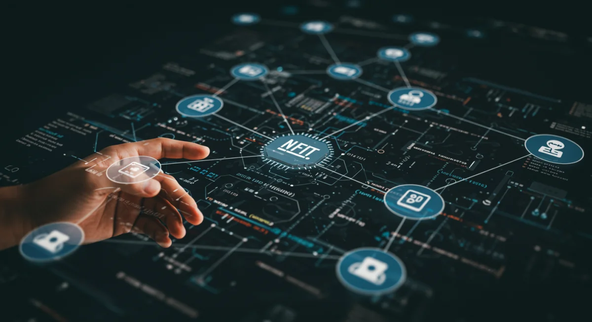 Blockchain network visualizing generative art NFT ecosystem