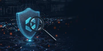 Digital shield protecting blockchain network with magnifying glass, symbolizing bug bounty hunting and robust security.