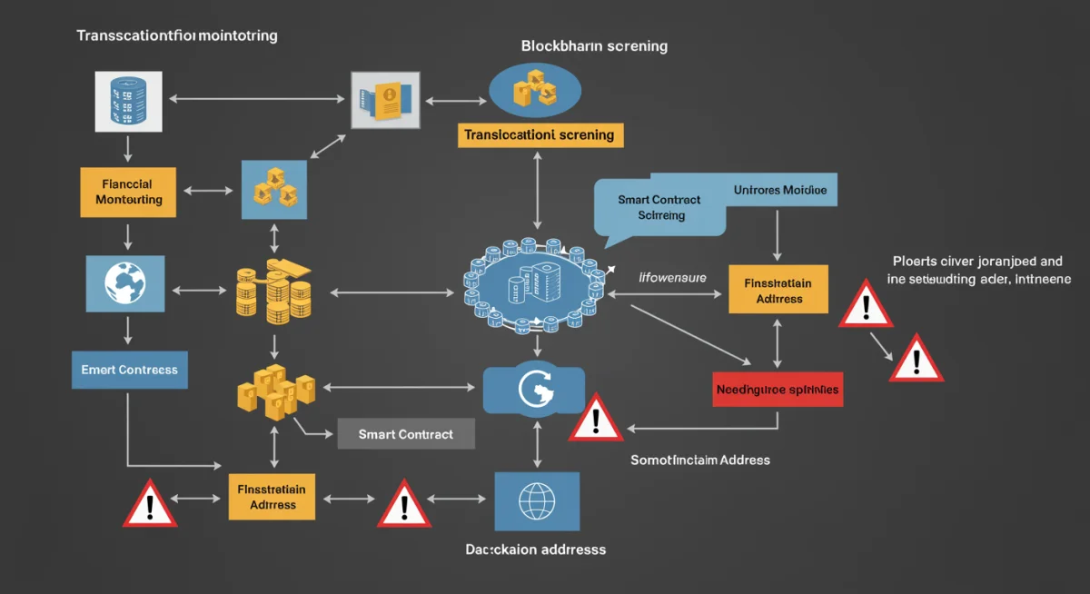 Blockchain transaction monitoring and sanction screening process flowchart for financial compliance