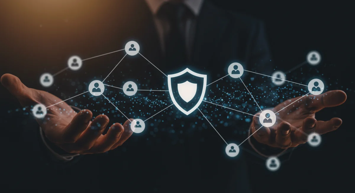 Decentralized network with shield icon symbolizing robust DAO governance and security