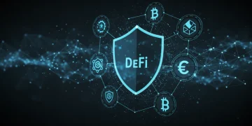Futuristic digital shield protecting DeFi assets from flash loan attacks and impermanent loss, symbolizing enhanced security in 2025.