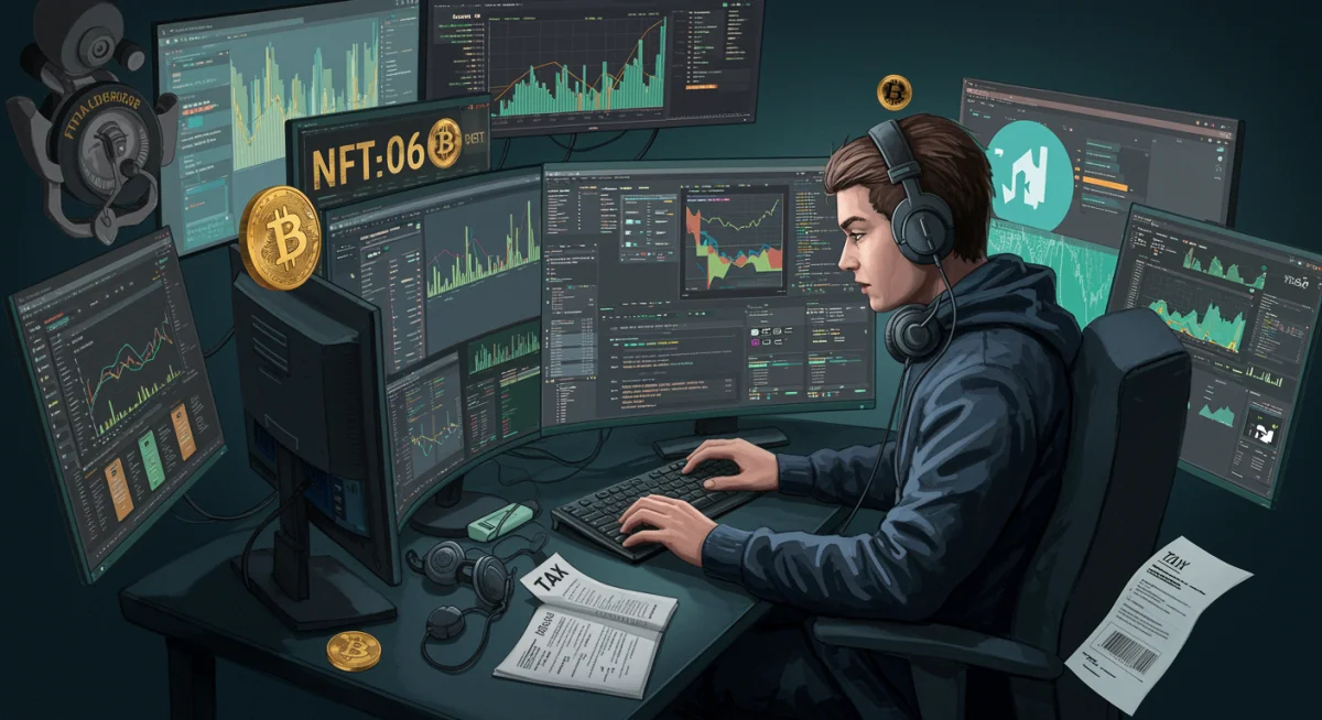 Digital artist navigating cryptocurrency charts and NFT marketplace for tax understanding