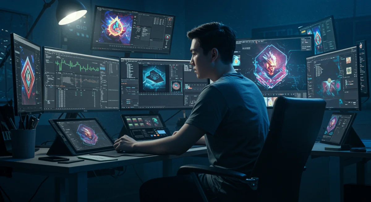 Digital artist preparing NFT collection on multiple screens, showing creative and technical aspects.