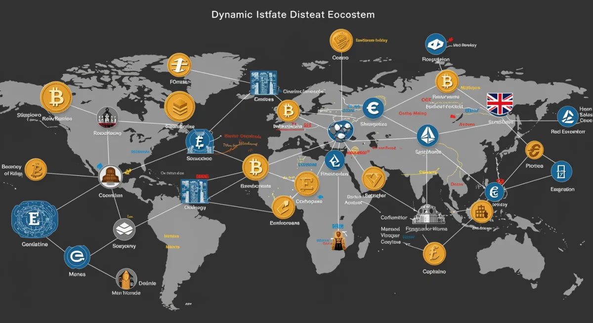 Interconnected network of financial institutions and cryptocurrencies.