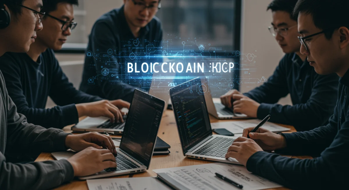 Ethical hackers collaborating to identify blockchain vulnerabilities on laptops.