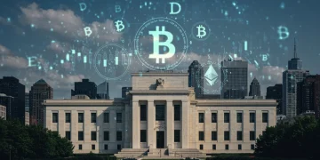 Federal Reserve's Stance: Bitcoin Adoption by 2025 Federal Reserve building with digital asset symbols, symbolizing crypto regulation.