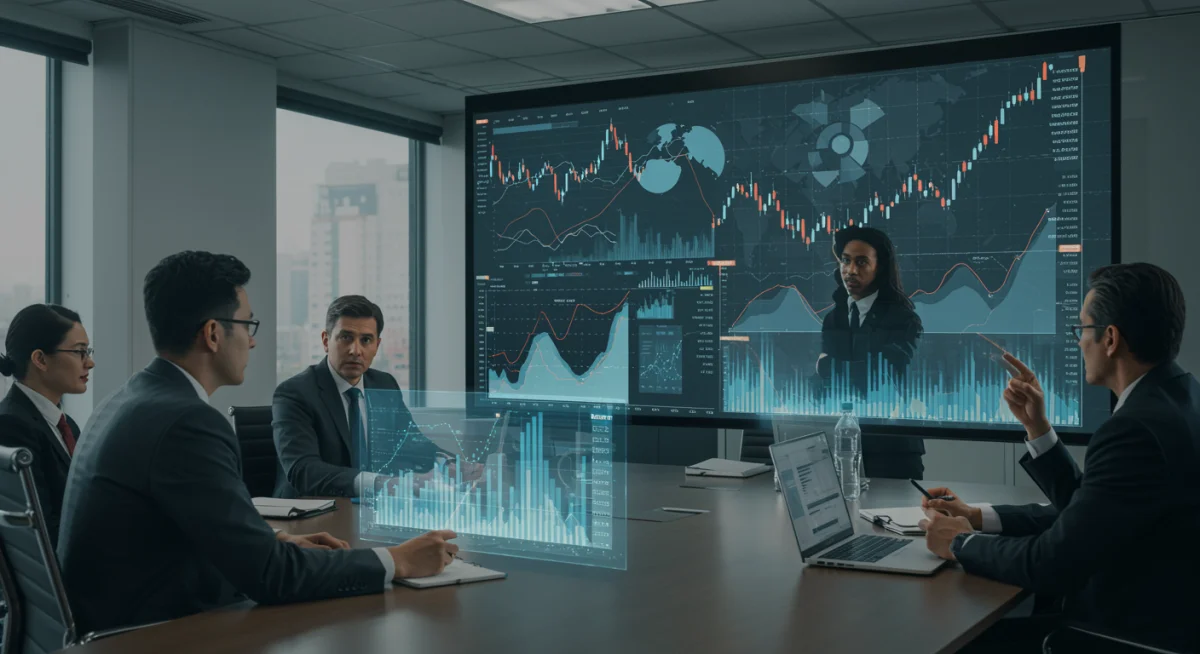 Financial professionals analyzing crypto and stock data on a holographic display
