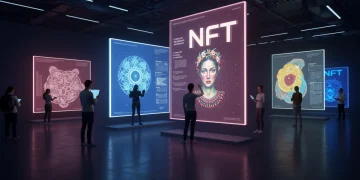 Futuristic digital art gallery showcasing fractional NFTs for accessible investment.