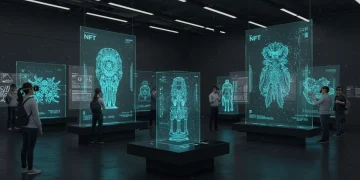 Futuristic digital art gallery with holographic NFT displays and augmented reality interactions, symbolizing advanced curation.