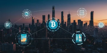 Futuristic cityscape with blockchain connecting digital art, symbolizing NFT utility