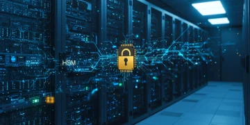 Futuristic server room with glowing blockchain network and secure HSM device