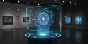 Futuristic generative art NFT display in a modern gallery setting
