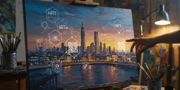 Hybrid art piece showing physical painting with integrated digital NFT elements, symbolizing market expansion for US artists.