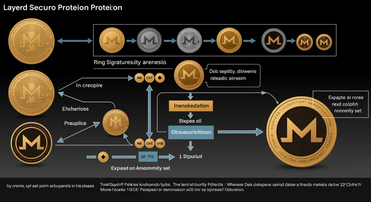 Infographic detailing Monero's layered privacy features like ring signatures and stealth addresses.