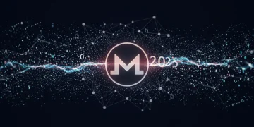 Abstract digital network with glowing Monero symbol, representing enhanced privacy and anonymity in crypto.