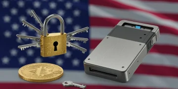 Multi-signature smart contract with multiple digital keys and a hardware wallet device on a blockchain background.