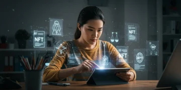 Digital artist working on NFT art with legal overlays, focusing on intellectual property protection in the US.