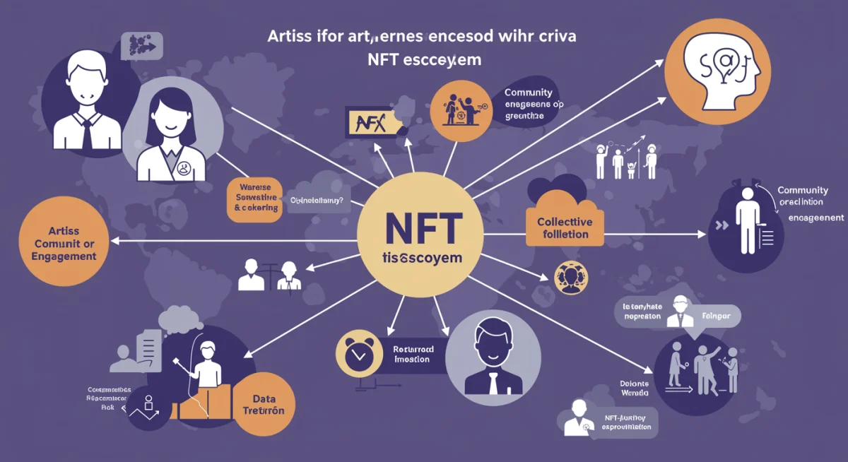 Infographic showing the interconnected ecosystem of artists, curators, and collectors in the NFT space.