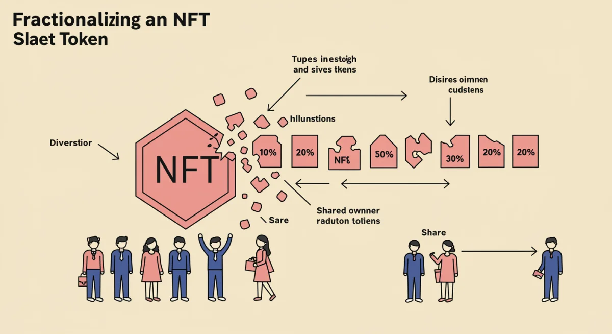 Infographic showing an NFT being fractionalized into smaller, shareable tokens for multiple investors.