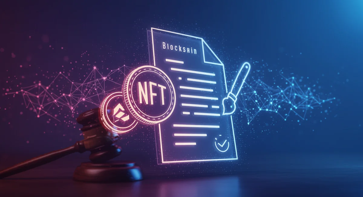 Stylized legal document with blockchain and NFT elements, representing intellectual property rights for digital art.