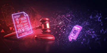 Abstract digital art representing NFT legal frameworks in the US, with glowing lines and a gavel.