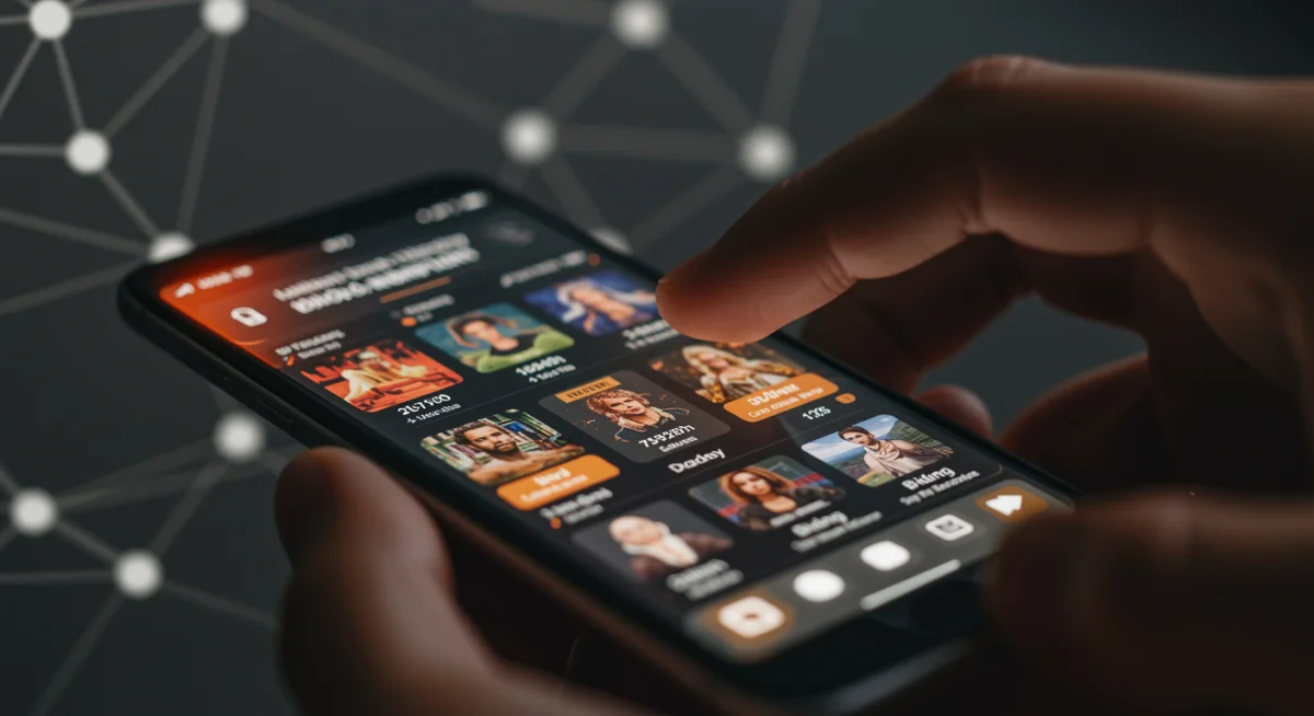 User interacting with an NFT marketplace on a smartphone, showcasing digital art listings and market data