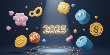 Digital artwork showcasing NFT characters hovering over a blockchain, symbolizing future success for artists.