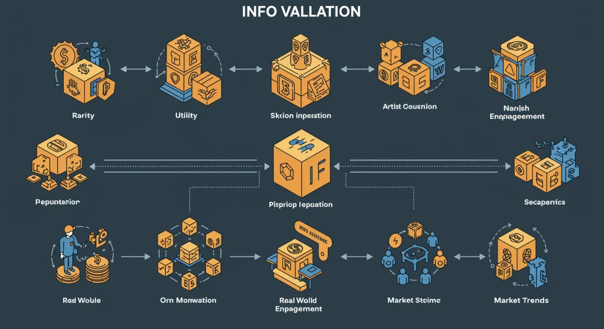Infographic detailing NFT valuation factors like rarity, utility, and artist reputation.