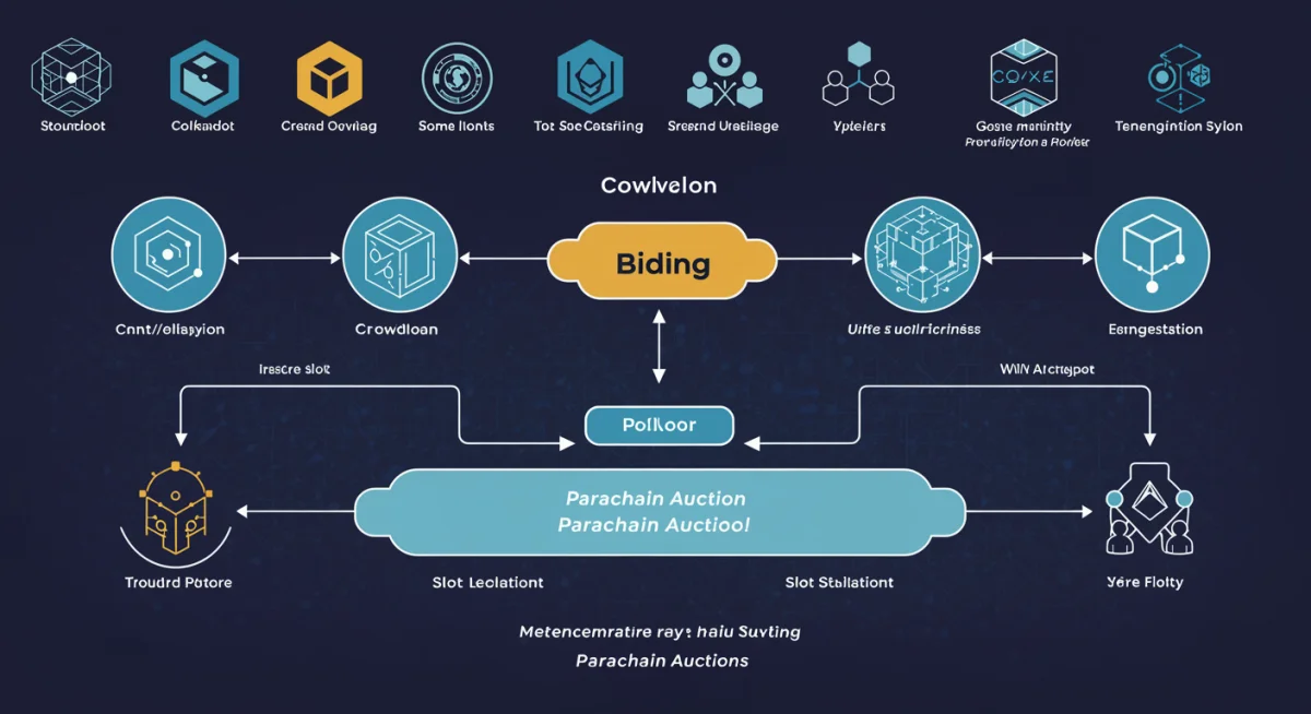 Infographic depicting Polkadot parachain auction mechanics and crowdloan process.