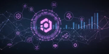 Polkadot ecosystem with interconnected parachains and glowing network lines, representing innovation and growth.