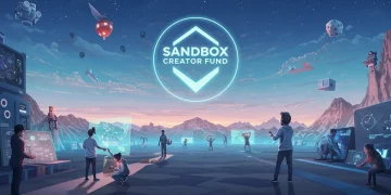Vibrant Sandbox metaverse with creator fund logo signifying game development and user growth.