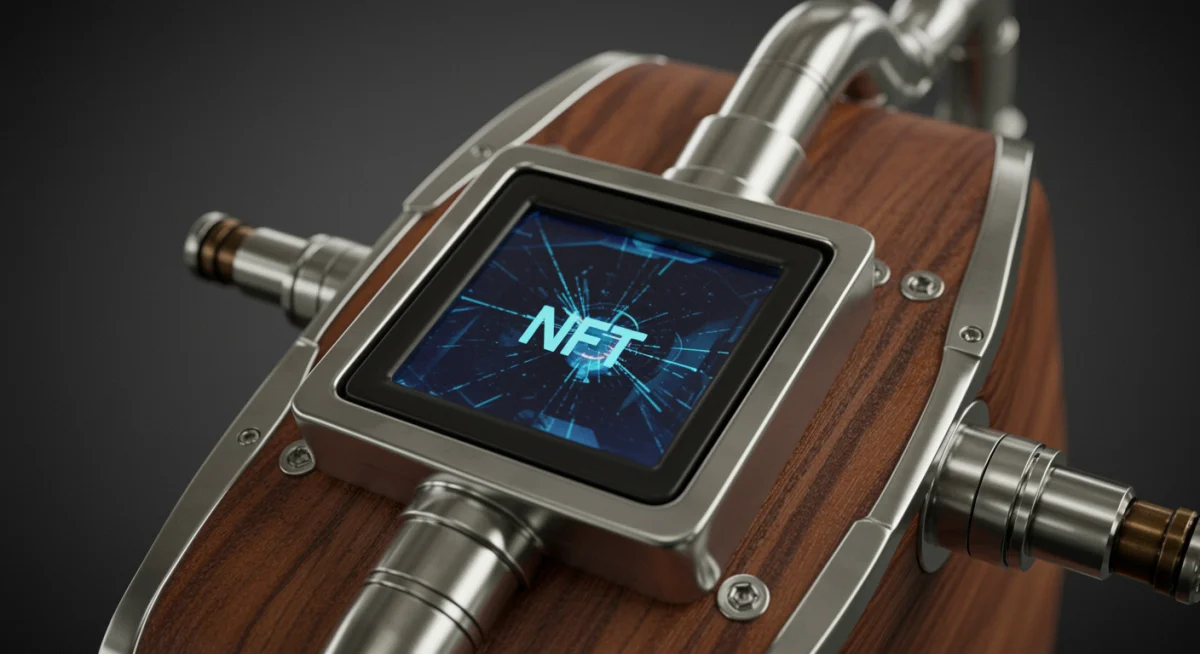 Physical sculpture with embedded screen showcasing an animated NFT, illustrating a hybrid art piece.