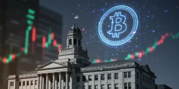New SEC Filings: Analyzing the Next Wave of Spot Bitcoin ETFs in the US Market SEC building with holographic Bitcoin symbol, representing new filings and Bitcoin ETF impact