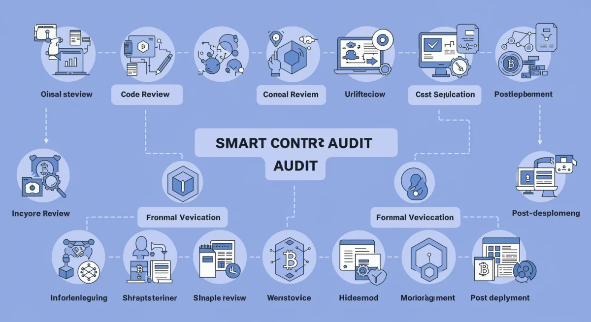 Infographic showing the comprehensive steps of a smart contract audit process.