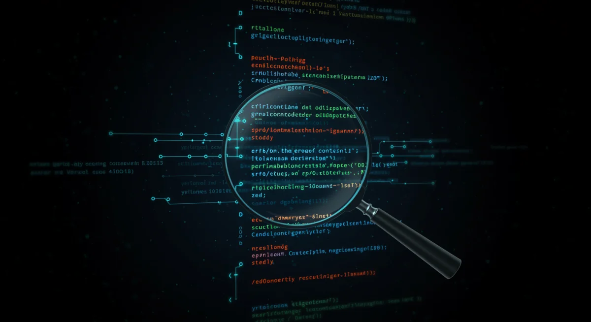 Magnifying glass examining a smart contract's code, illustrating the detection of vulnerabilities.