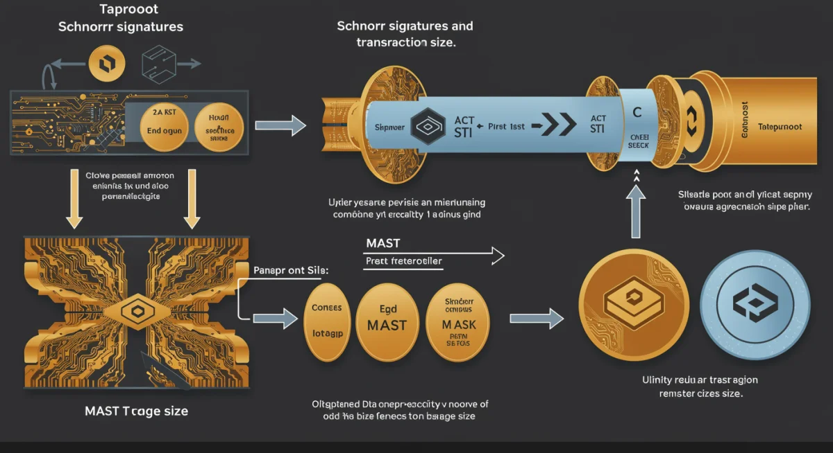 Infographic showing Taproot transaction components, including Schnorr signatures and MAST.