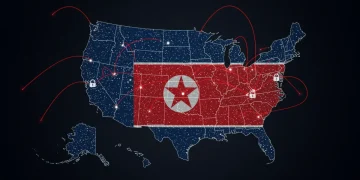 Stylized map of US blockchain infrastructure under North Korean cyber threat, 2025
