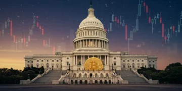 US Capitol building with Bitcoin symbols, representing the intersection of politics and cryptocurrency markets.