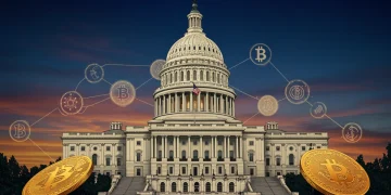 US Regulatory Clarity: Bitcoin Legislation for 2025 US Capitol with Bitcoin symbols, symbolizing upcoming regulatory clarity for digital assets.