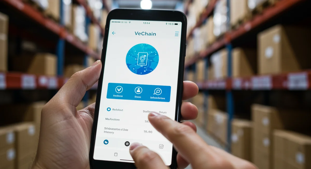 Smartphone displaying VeChain product traceability application in action