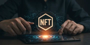 Hand with magnifying glass over NFT on tablet, verifying authenticity