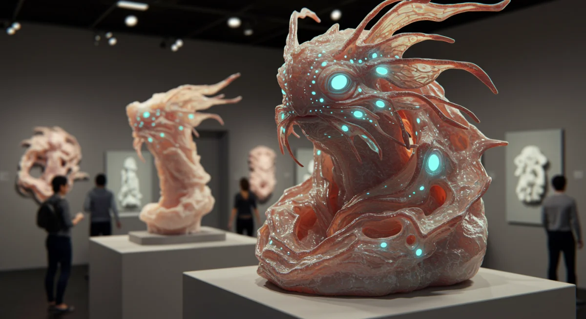 Hyper-realistic digital sculpture in a virtual gallery, exemplifying volumetric NFT art